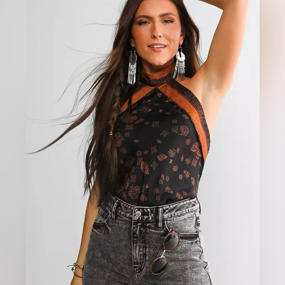 Free People Black Bodysuit with Copper Print and Trim